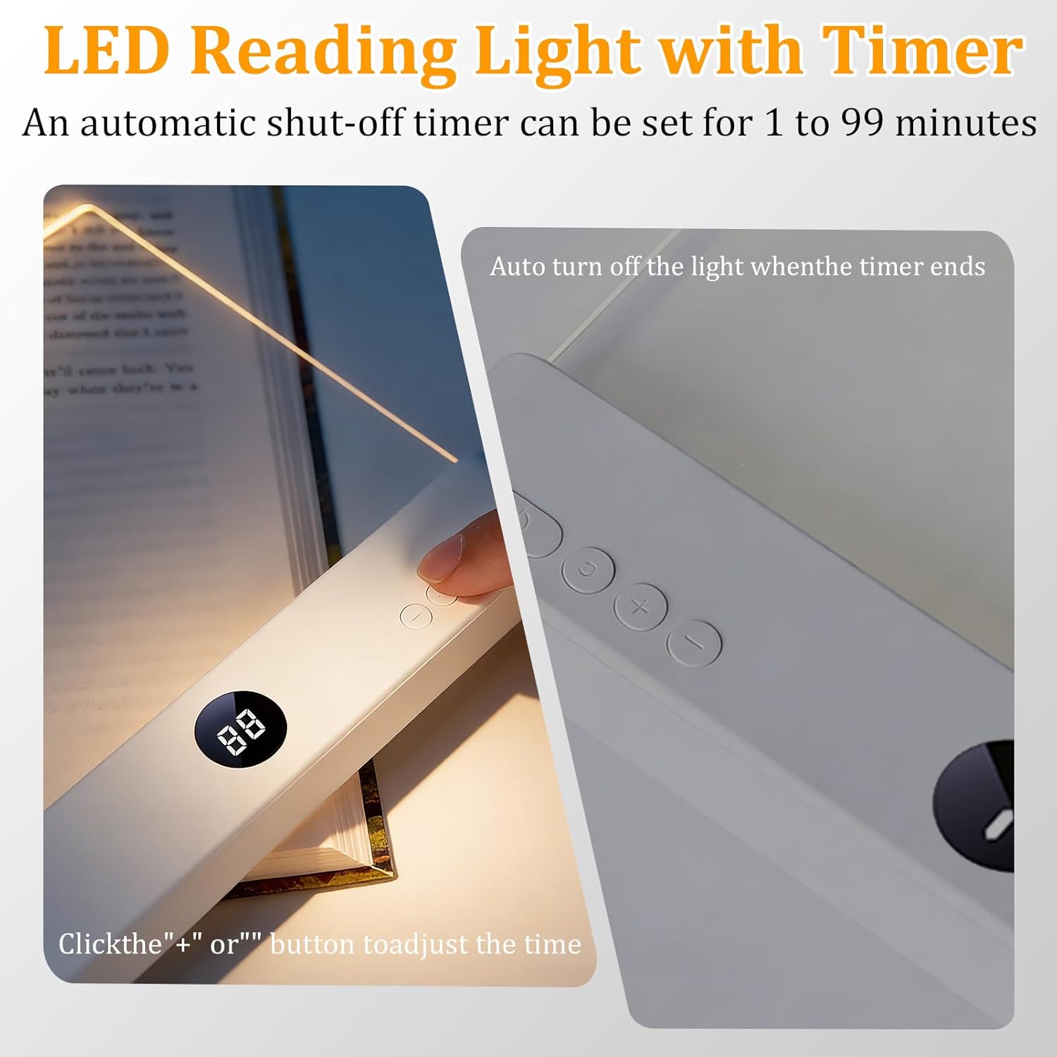 LED Buchlampe Dimmbar mit Timer – 3 Lichtfarben, USB Wiederaufladbar, Flache Leseleuchte fürs Bett