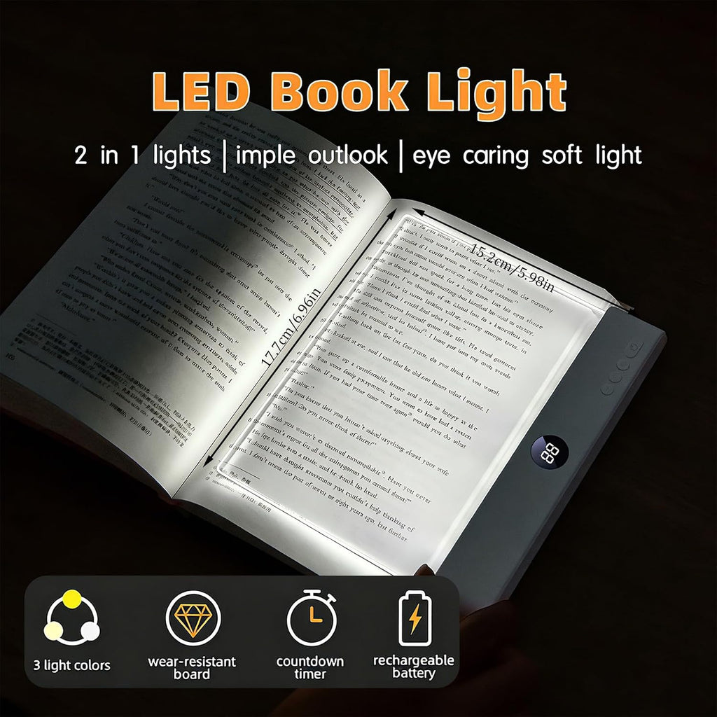 LED Buchlampe Dimmbar mit Timer – 3 Lichtfarben, USB Wiederaufladbar, Flache Leseleuchte fürs Bett