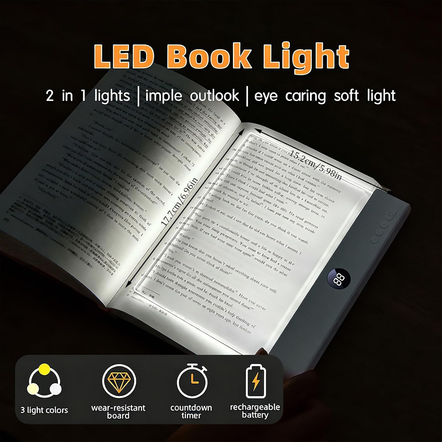 LED Buchlampe Dimmbar mit Timer – 3 Lichtfarben, USB Wiederaufladbar, Flache Leseleuchte fürs Bett